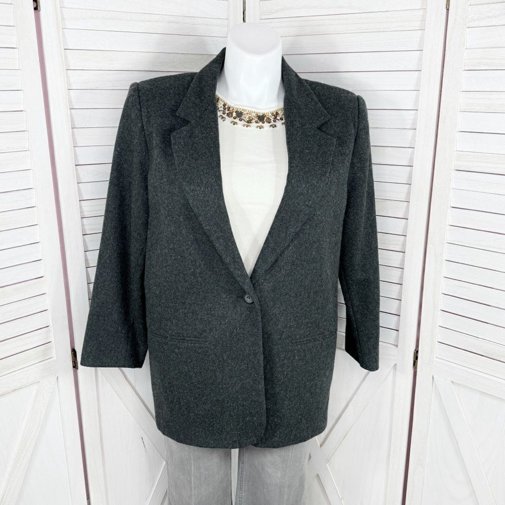 Vintage Sag Harbor Blazer Women 16 Charcoal Grey Wool Blend Long Jacket‎ Career
